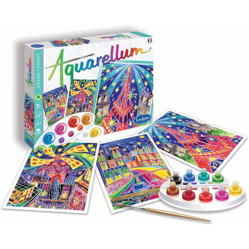 SentoSphere Aquarellum Paris by Night 3 obrazy A4 i farby SentoSphere Aquarellum Paris by Night 3 obrazy A4 i farby