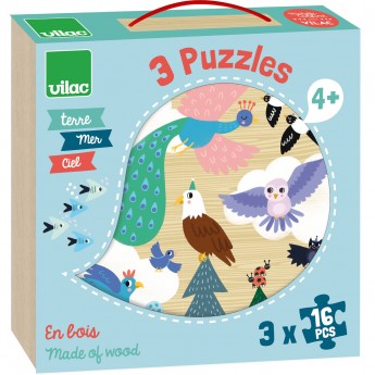 Vilac Na lądzie, Morzu i w Powietrzu Puzzle 3x16 elementów drewniane