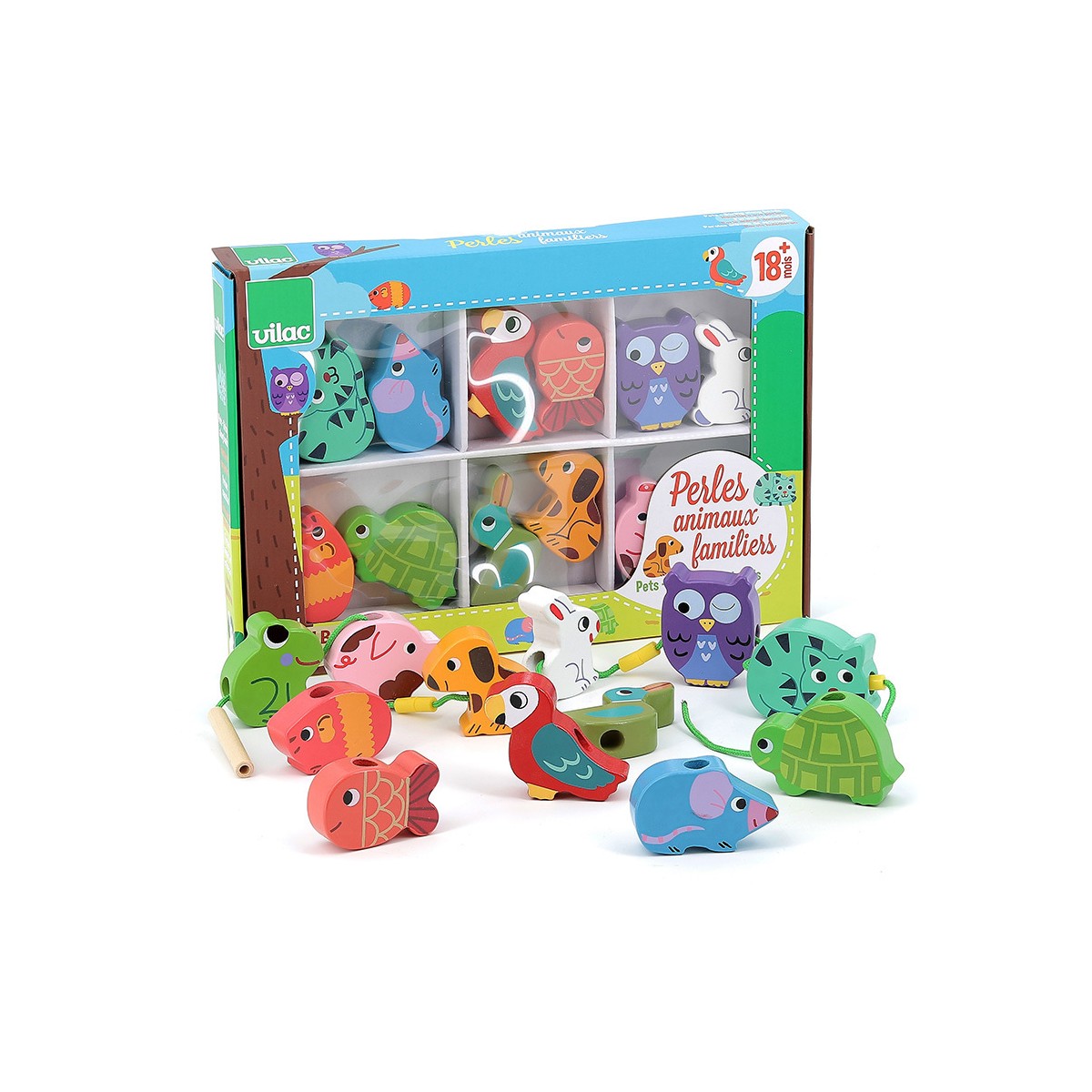 Vilac Drewniane klocki Zwierzęta 12 szt do nawlekania +18 mc | Dadum