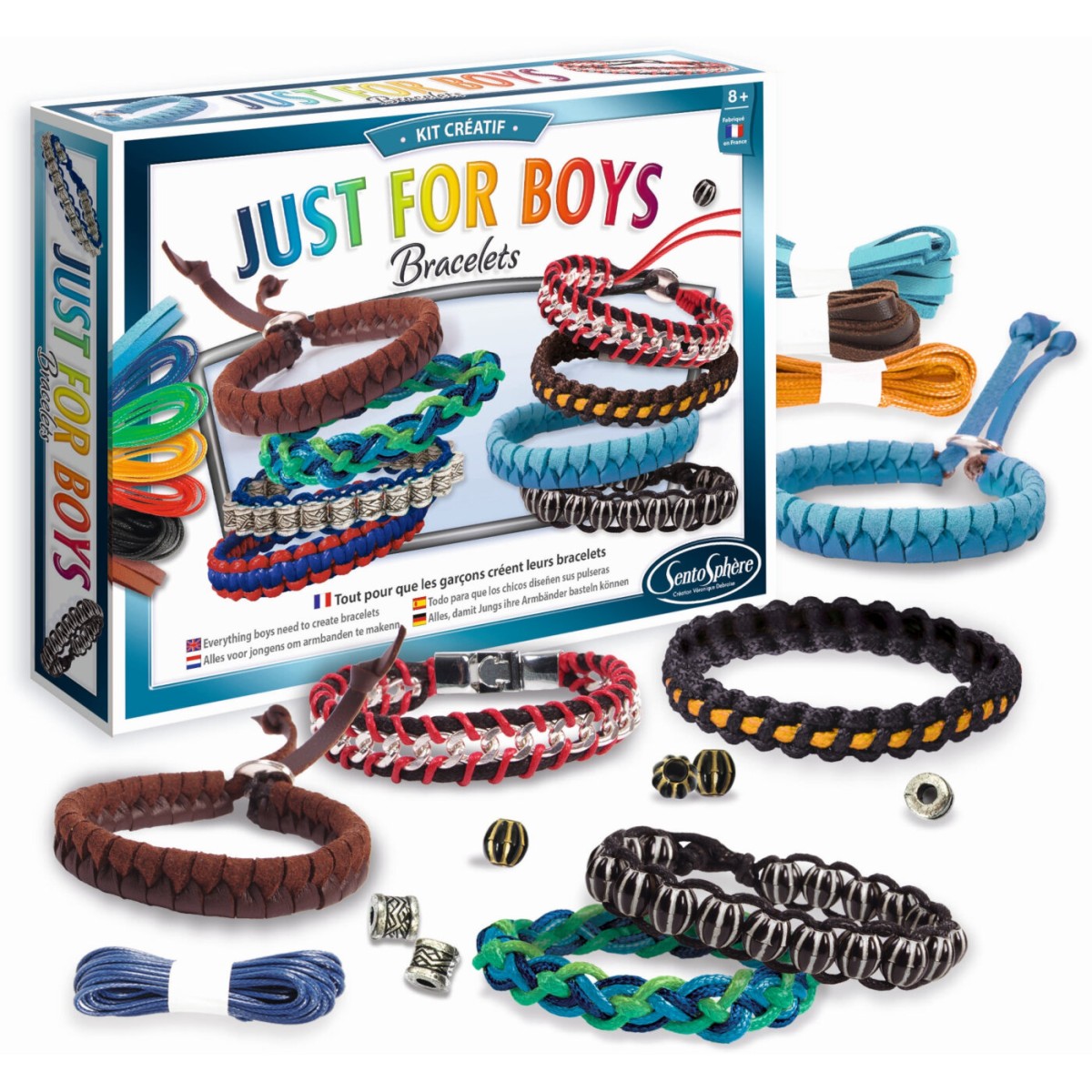 Bransoletki DYI dla chłopaków Just for Boys, SentoSphere – zamknięte opakowanie z zawartością zestawu rozłożoną przed nim